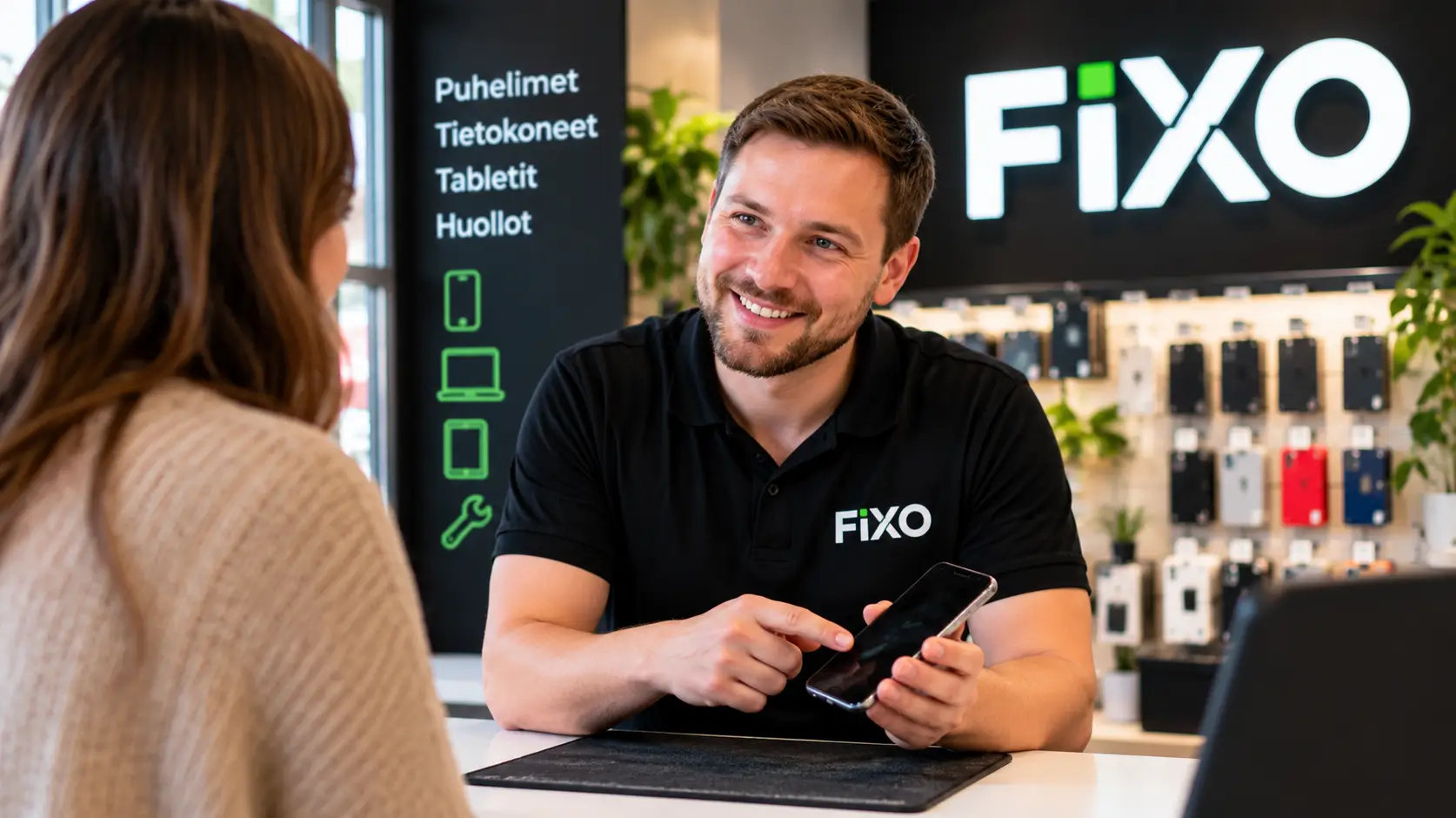 FiXOn huoltaja näyttää asiakkaalle puhelinta ja kertoo korjausvaihtoehdoista