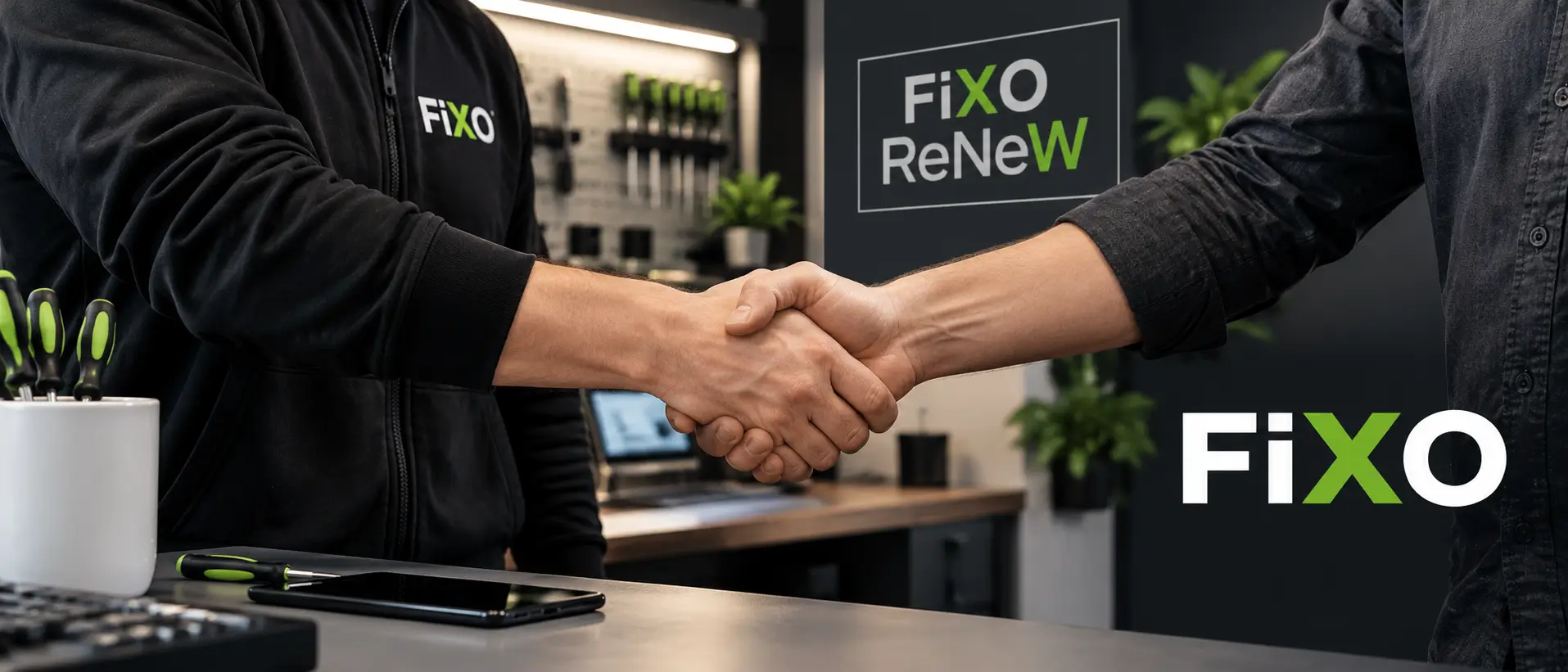 FiXO-huoltoteknikko ja yrittäjä kättelevät huoltoliikkeen tiskillä